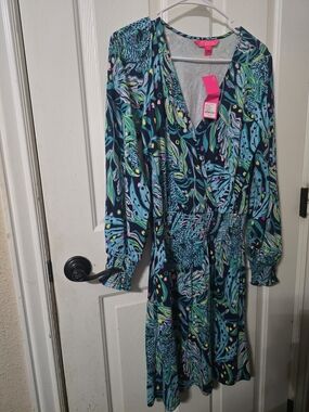 Lilly Pulitzer Teal & Navy Leaf-Print Long Sleeve Wrap Dress